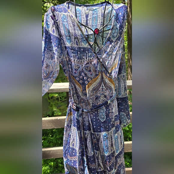 Blue paisley flutter sleeve sheer cover up wrap dress szXL - Picture 4 of 7